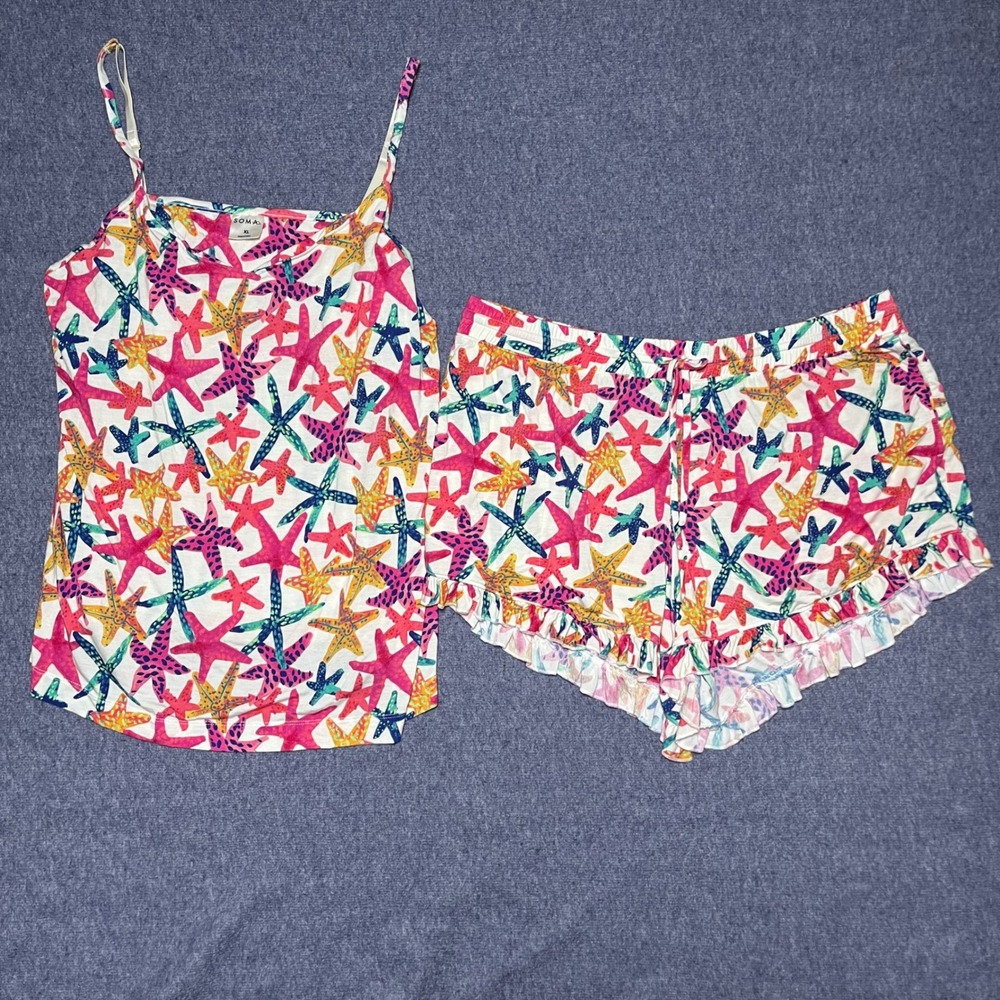 Soma Pajama Set Womens XL Starfish Print Cami Ruffle Shorts Multicolor Coastal